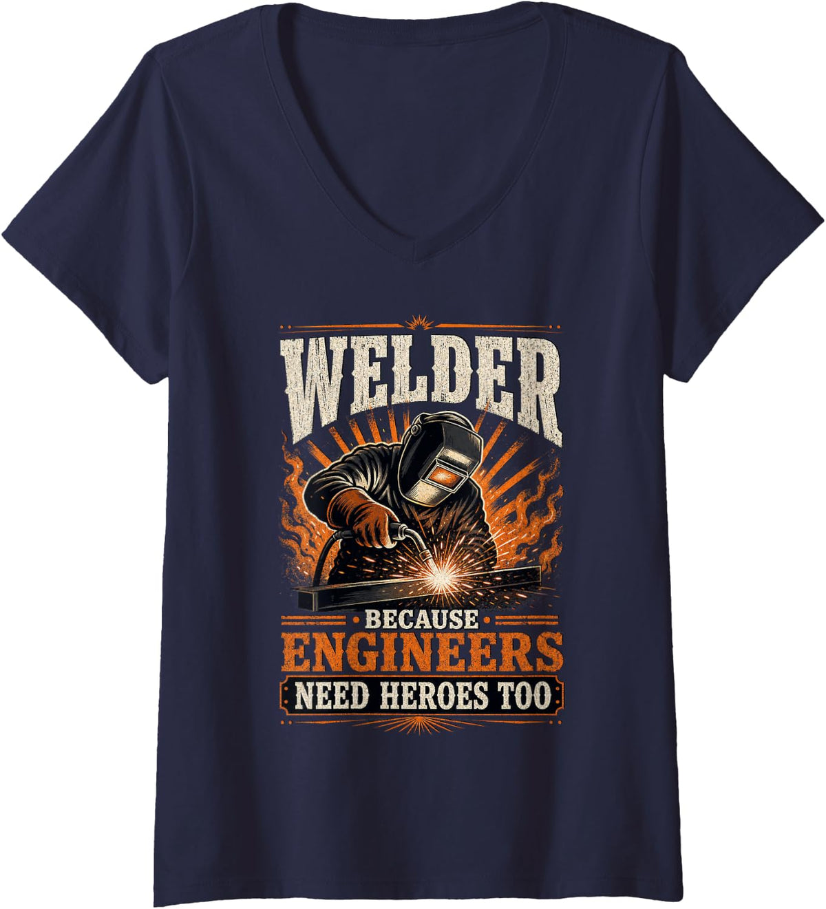 Women's Welder Vintage Workwear Graphic Design V-Neck T-Shirt - Navy Blue