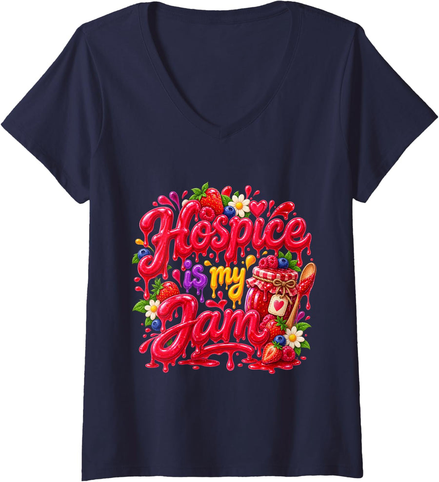 Women's Hospice is My Jam V-Neck T-Shirt - Navy Blue