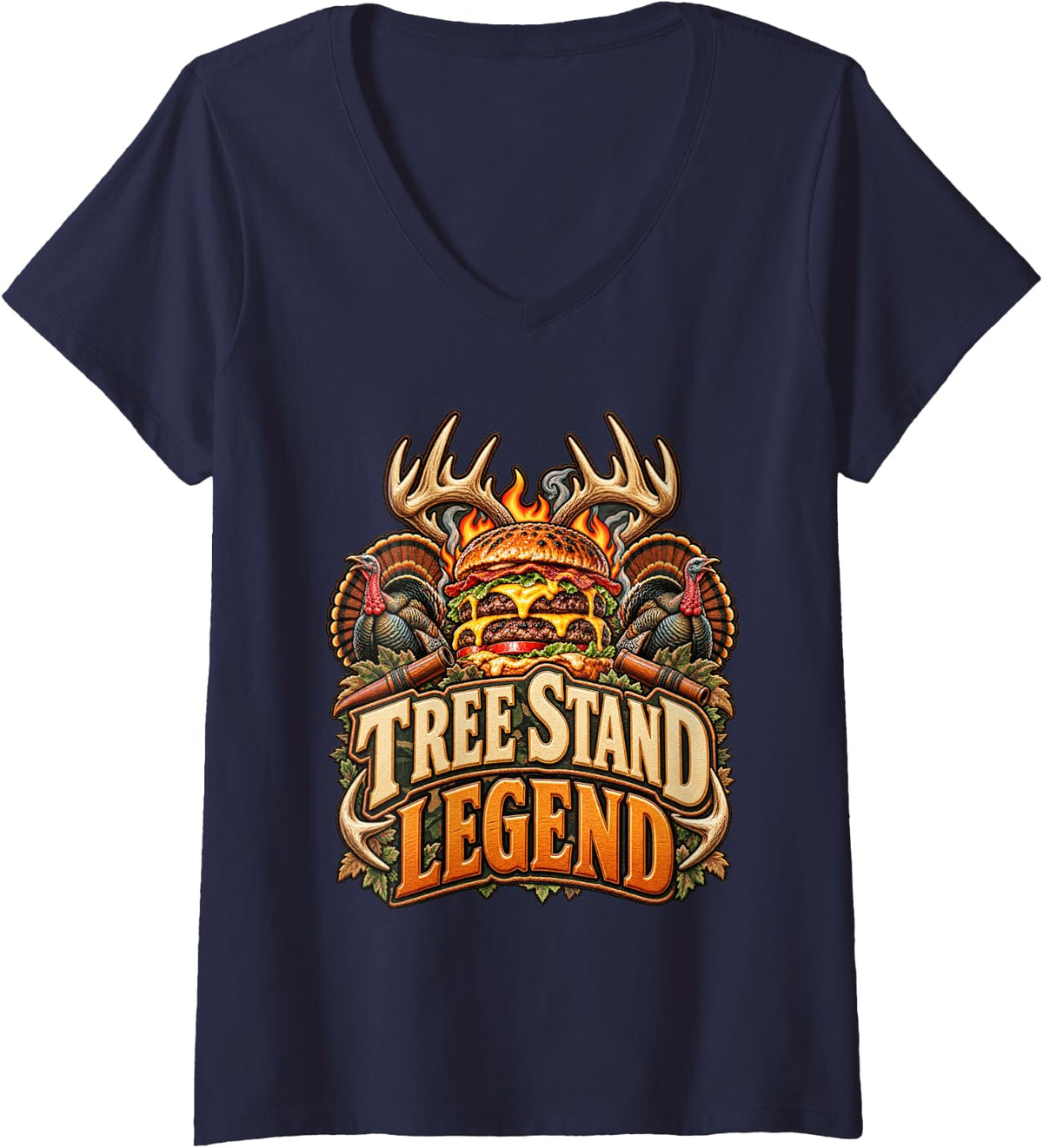 Women's Tree Stand Legend Hunter Deer Turkey Burger Outdoorsman Fun V-Neck T-Shirt - Navy Blue
