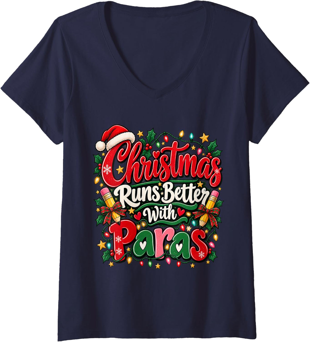 Women's Christmas Runs Better with Paras Paraprofessional Holiday V-Neck T-Shirt - Navy Blue