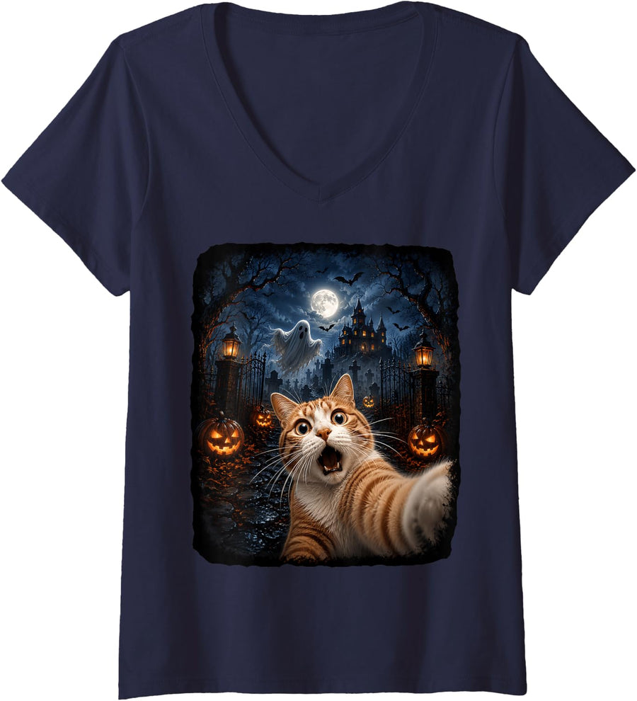 Women's Funny Orange Tabby Ghost Halloween Cat Selfie Costume V-Neck T-Shirt - Navy Blue