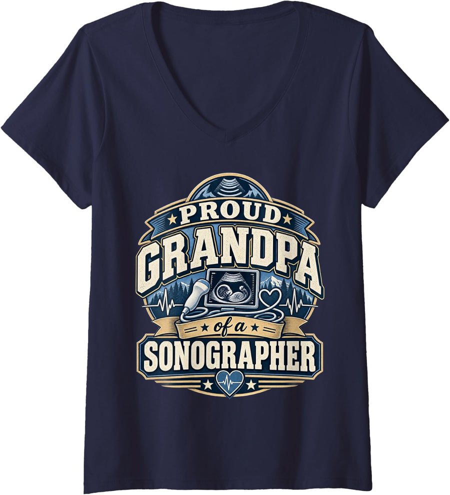 Women's Proud Grandpa of A Sonographer Ultrasound Tech Grandfather V-Neck T-Shirt - Navy Blue