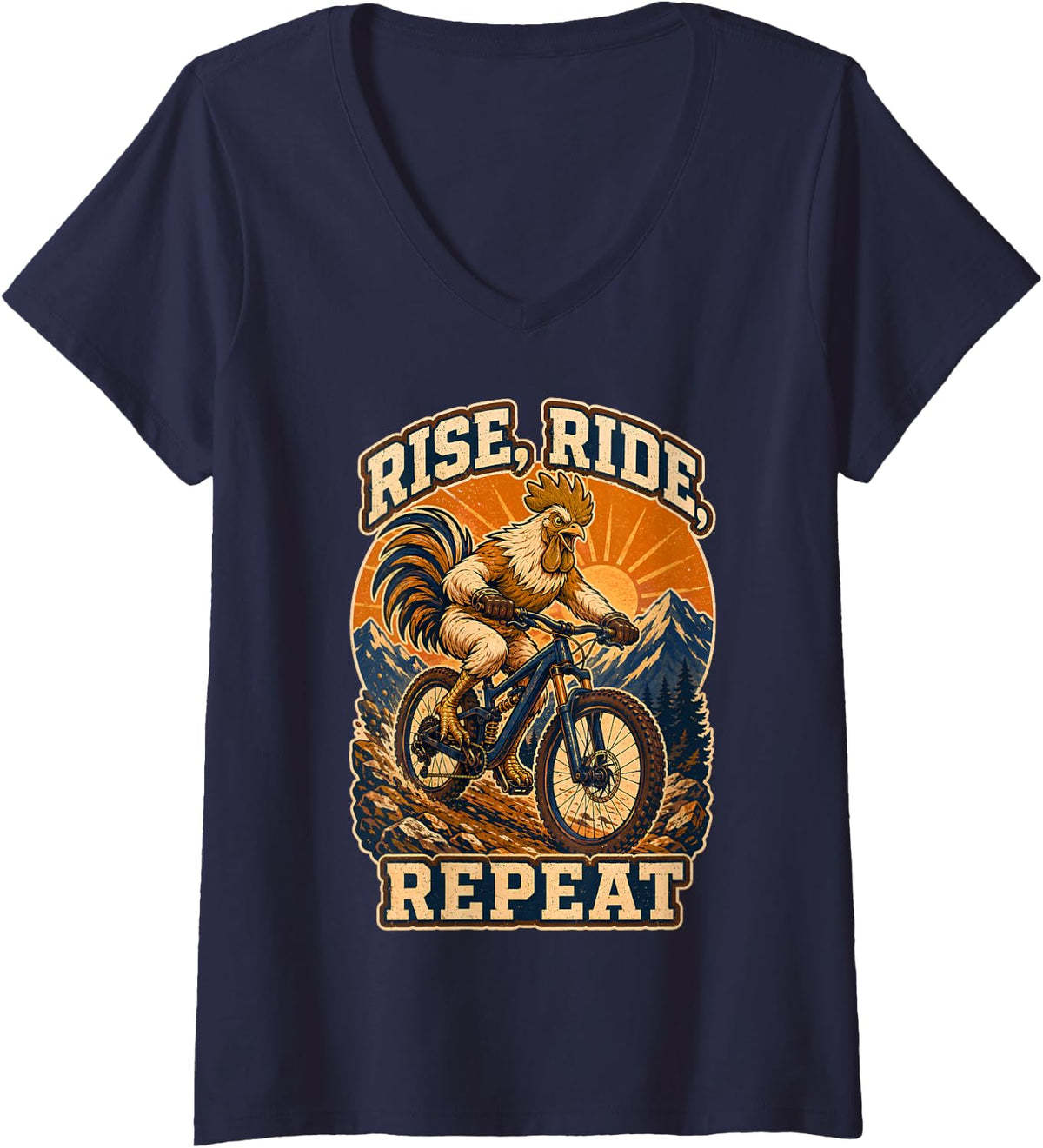 Women's Rise Ride Repeat Funny Rooster Mountain Bike MTB Cycling V-Neck T-Shirt - Navy Blue