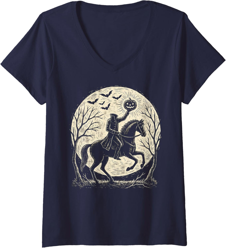Women's Moonlit Halloween Horse Rider Pumpkin Bats V-Neck T-Shirt - Navy Blue