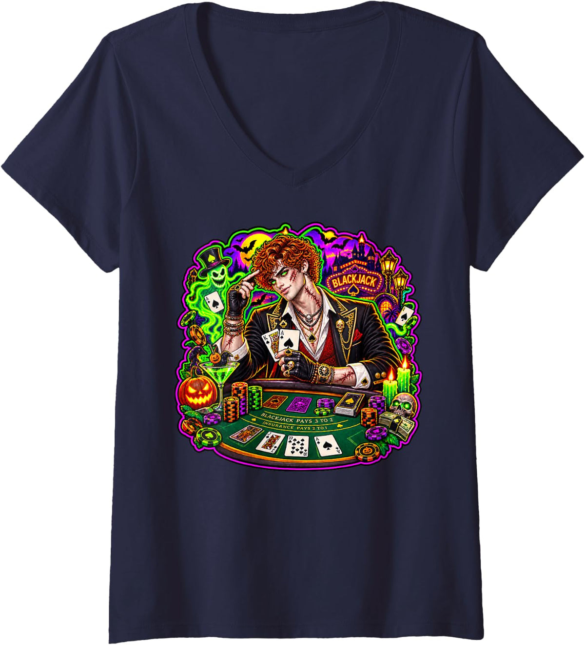 Women's Blackjack Poker Texas Holdem Card Player Gambling Gambler V-Neck T-Shirt - Navy Blue
