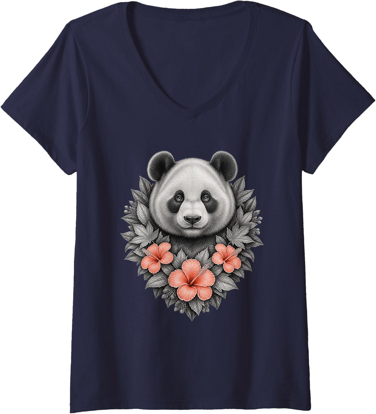 Women's Panda with Hibiscus Flowers and Layered Botanical Leaves V-Neck T-Shirt - Navy Blue