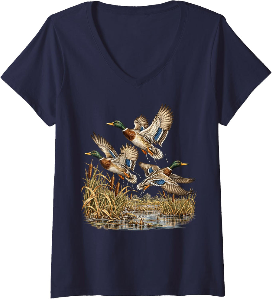 Women's Mallard Duck Vintage Mallard Ducks Hunting Gift Duck Lover V-Neck T-Shirt - Navy Blue
