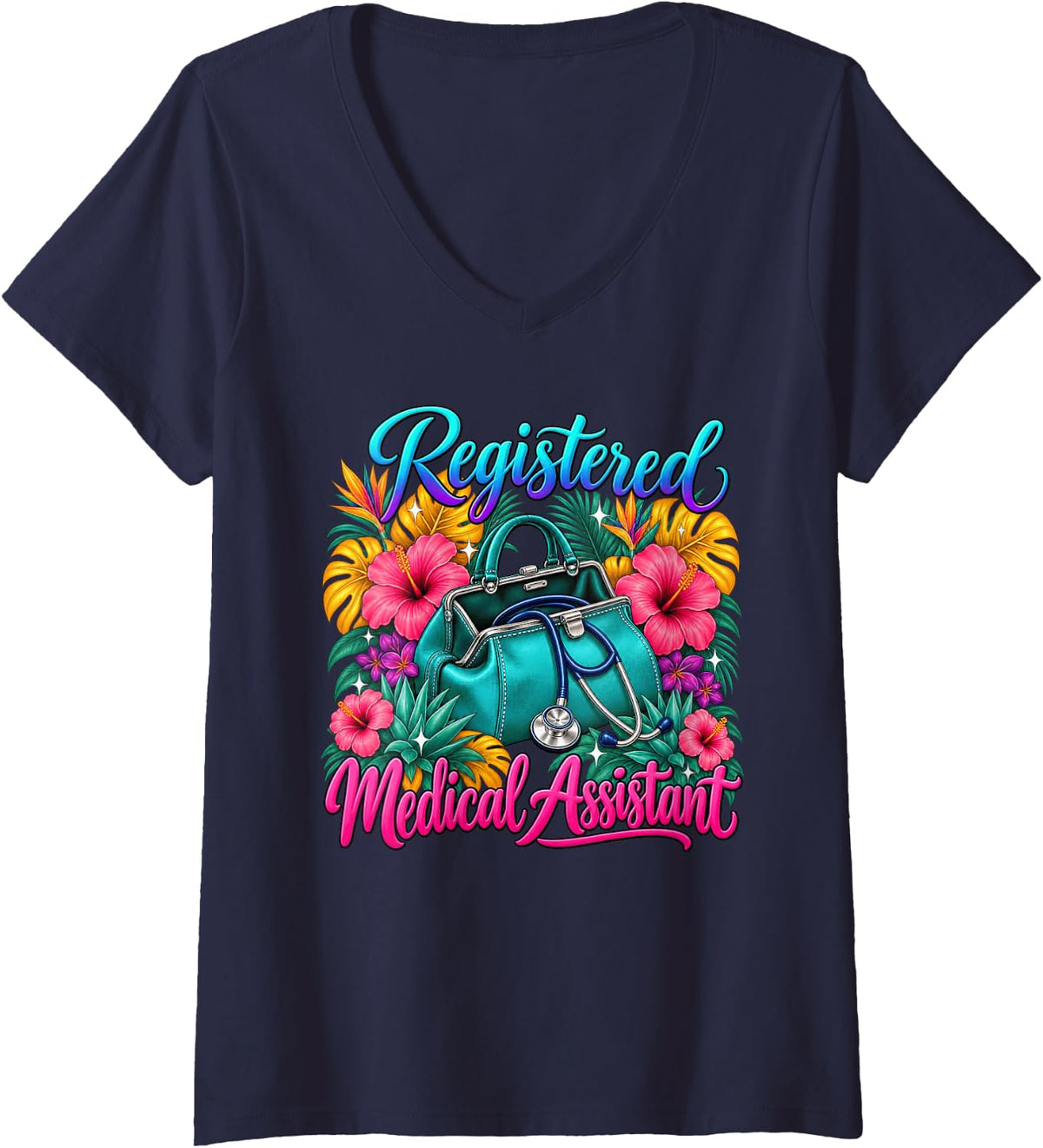 Women's Registered Medical Assistant Floral Bag V-Neck T-Shirt - Navy Blue