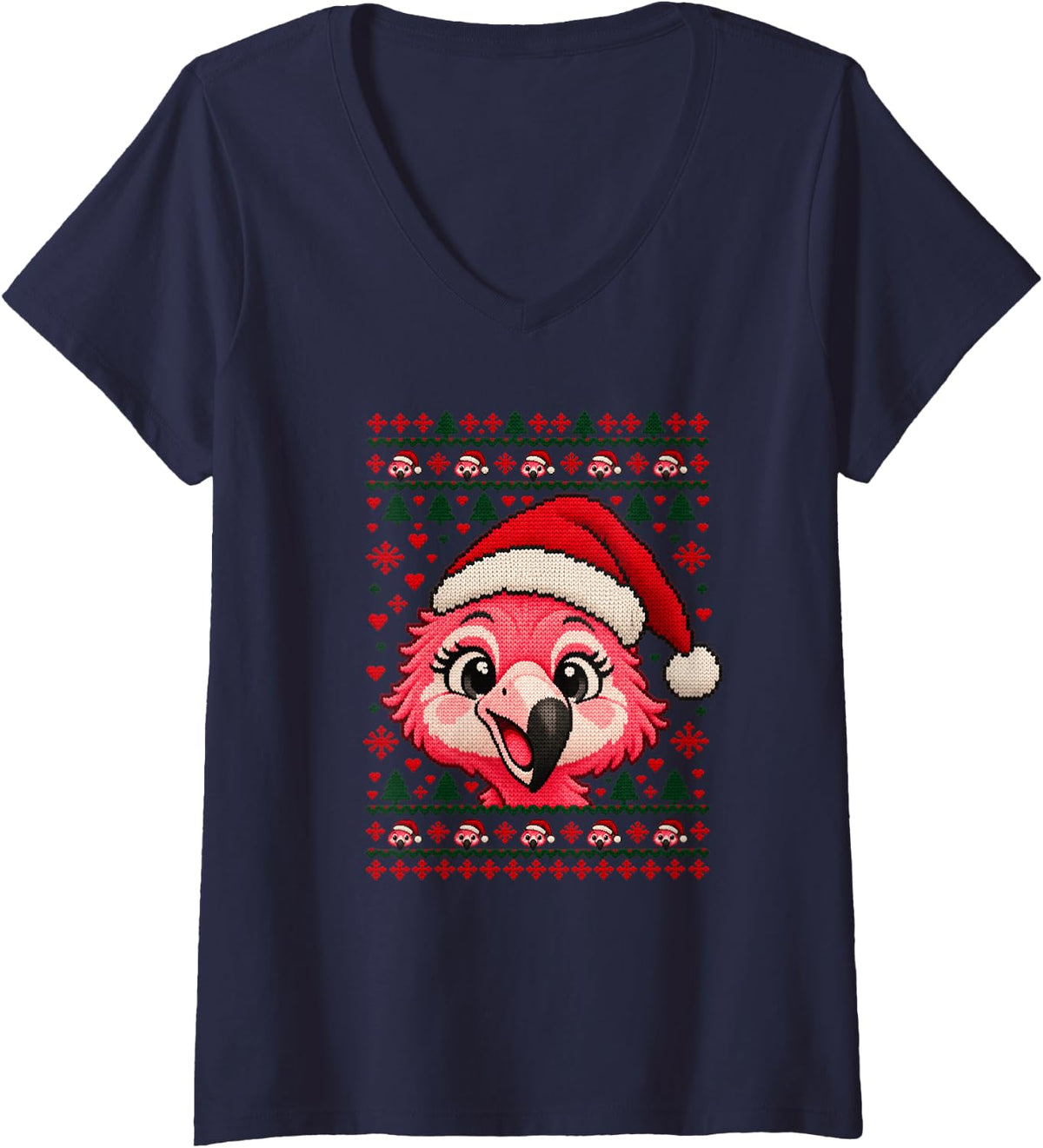 Women's Happy Flamingo Christmas Santa Hat Sweater Men Women V-Neck T-Shirt - Navy Blue