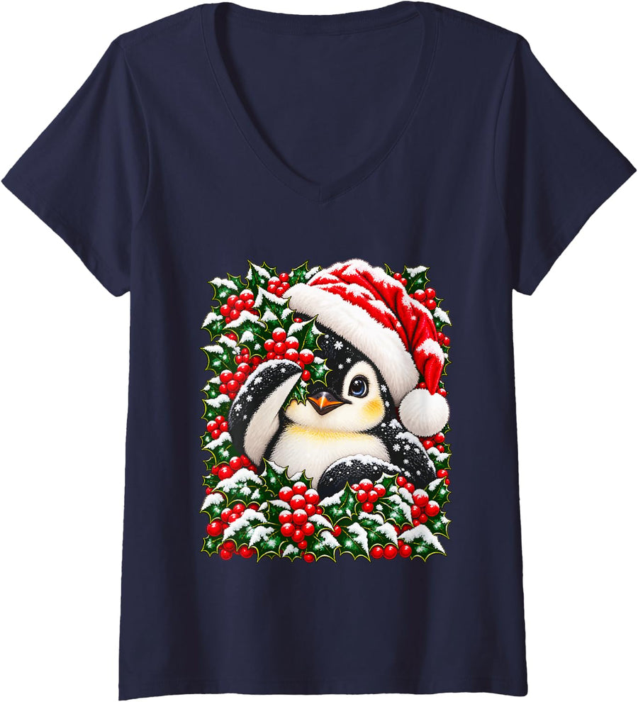 Women's Christmas Penguin Peeking with Holly Berries Festive Animal V-Neck T-Shirt - Navy Blue
