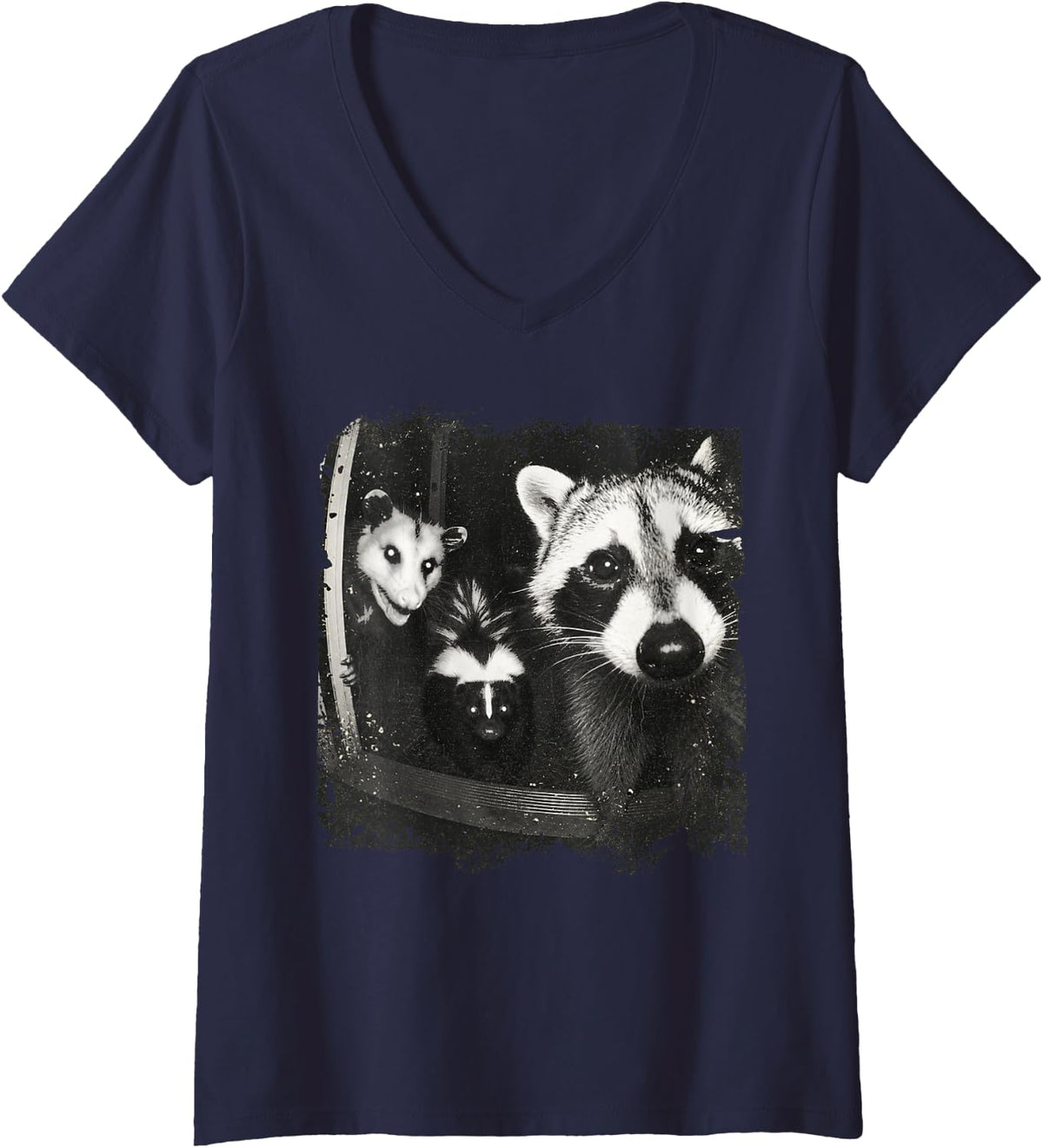 Women's Trash Panda Night Crew Vintage Raccoon Opossum Skunk V-Neck T-Shirt - Navy Blue