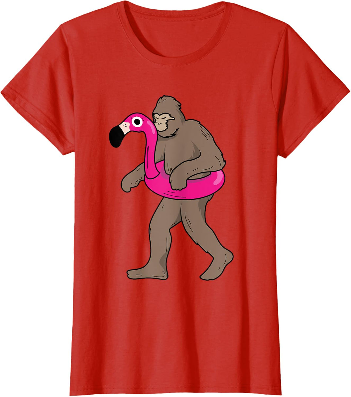 Bigfoot In Floatable Flamingo | Cute Pool Party Funny Gift T-Shirt - Red