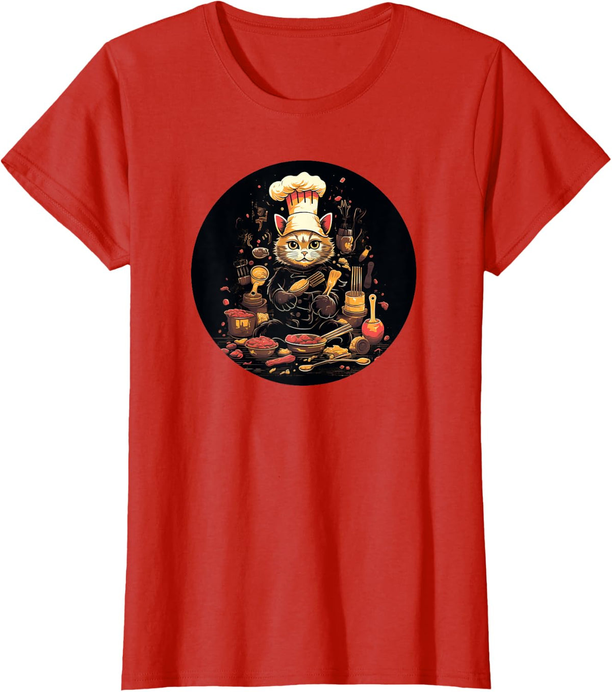 Cat Wearing A Chef's Hat And Apron Funny Cat T-Shirt - Red