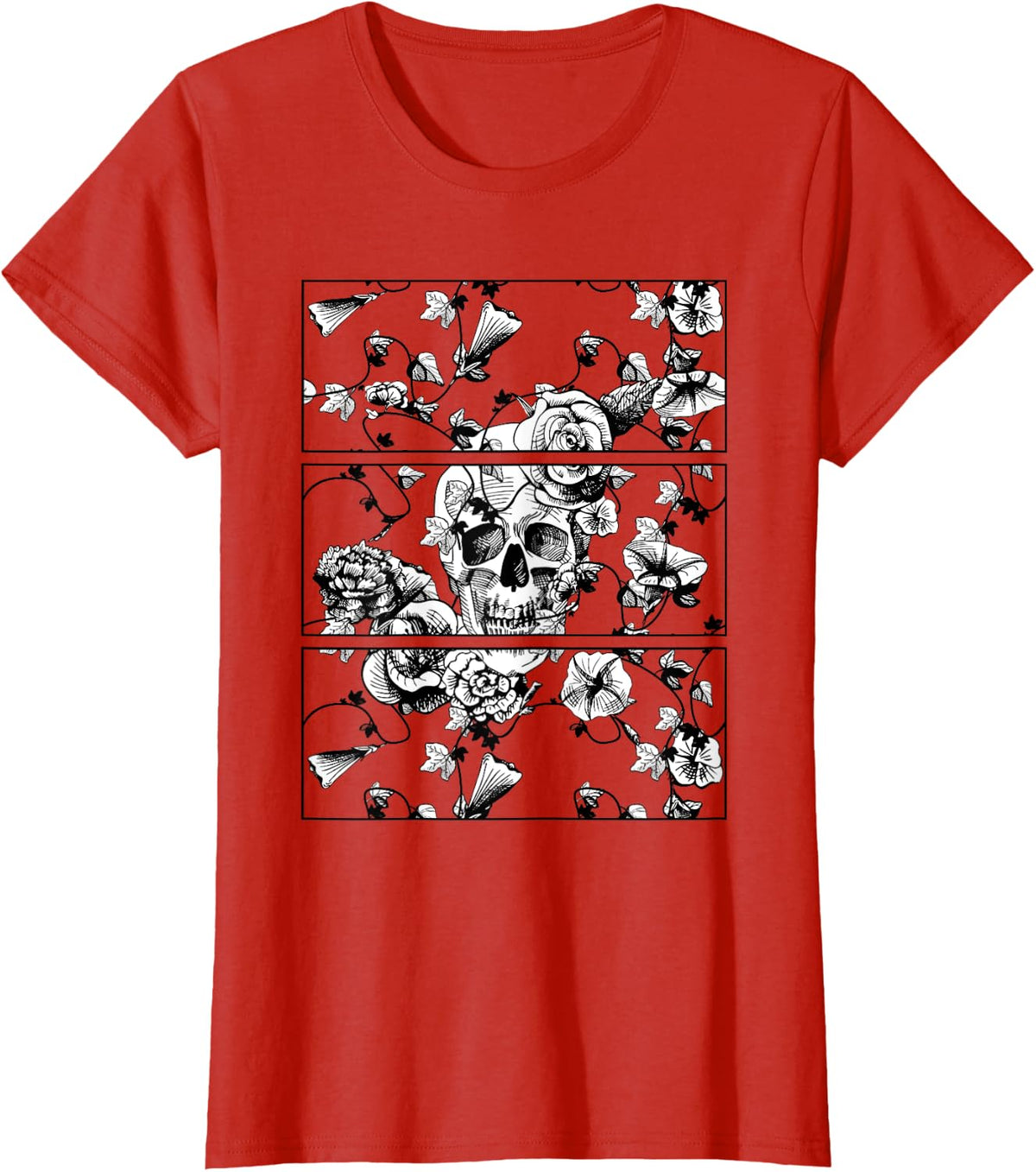 Floral Skull Flowers - Nu Goth Emo Punk T-Shirt - Red