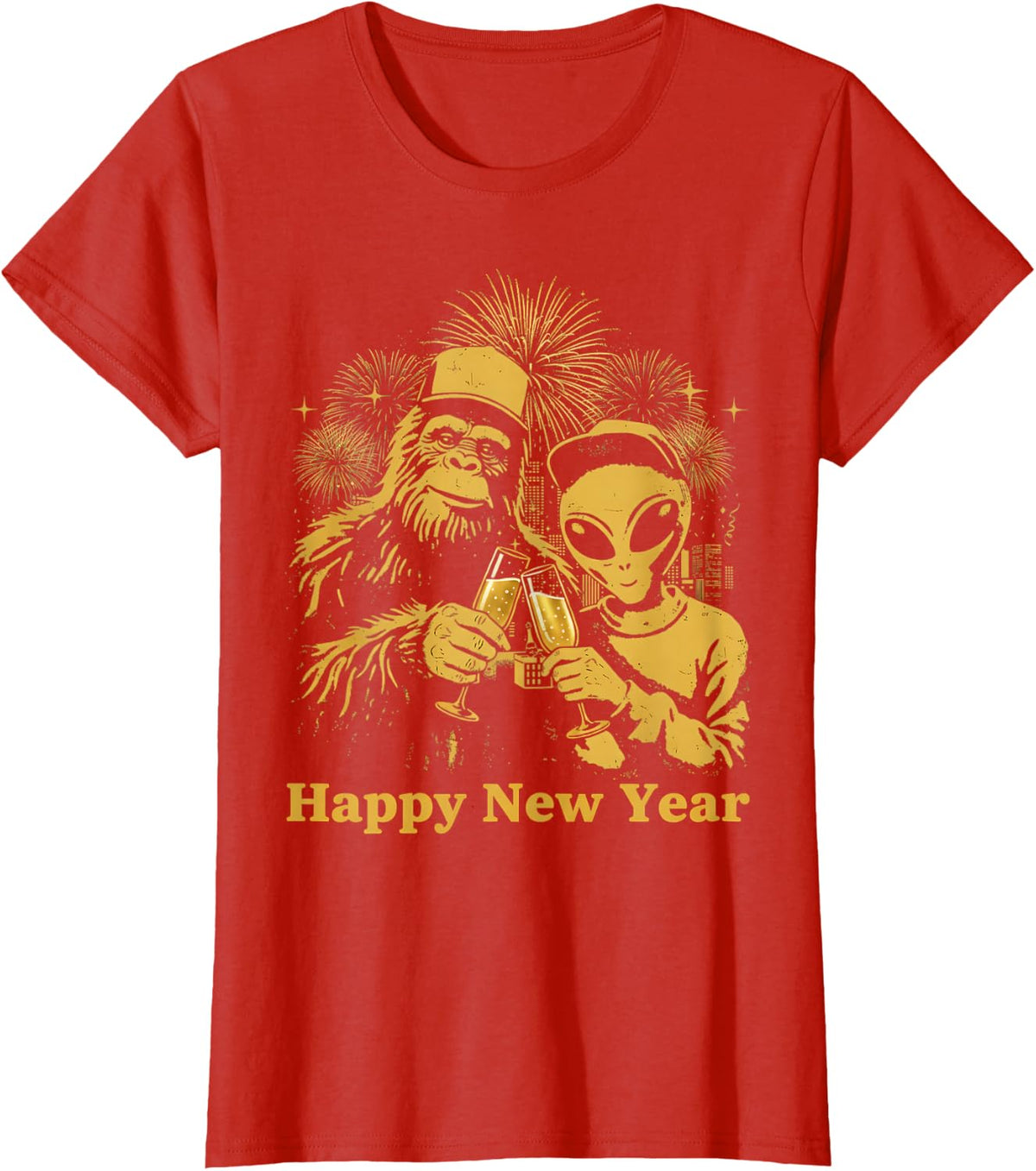 Happy New Year Bigfoot and Alien Sasquatch Fireworks Party T-Shirt - Red