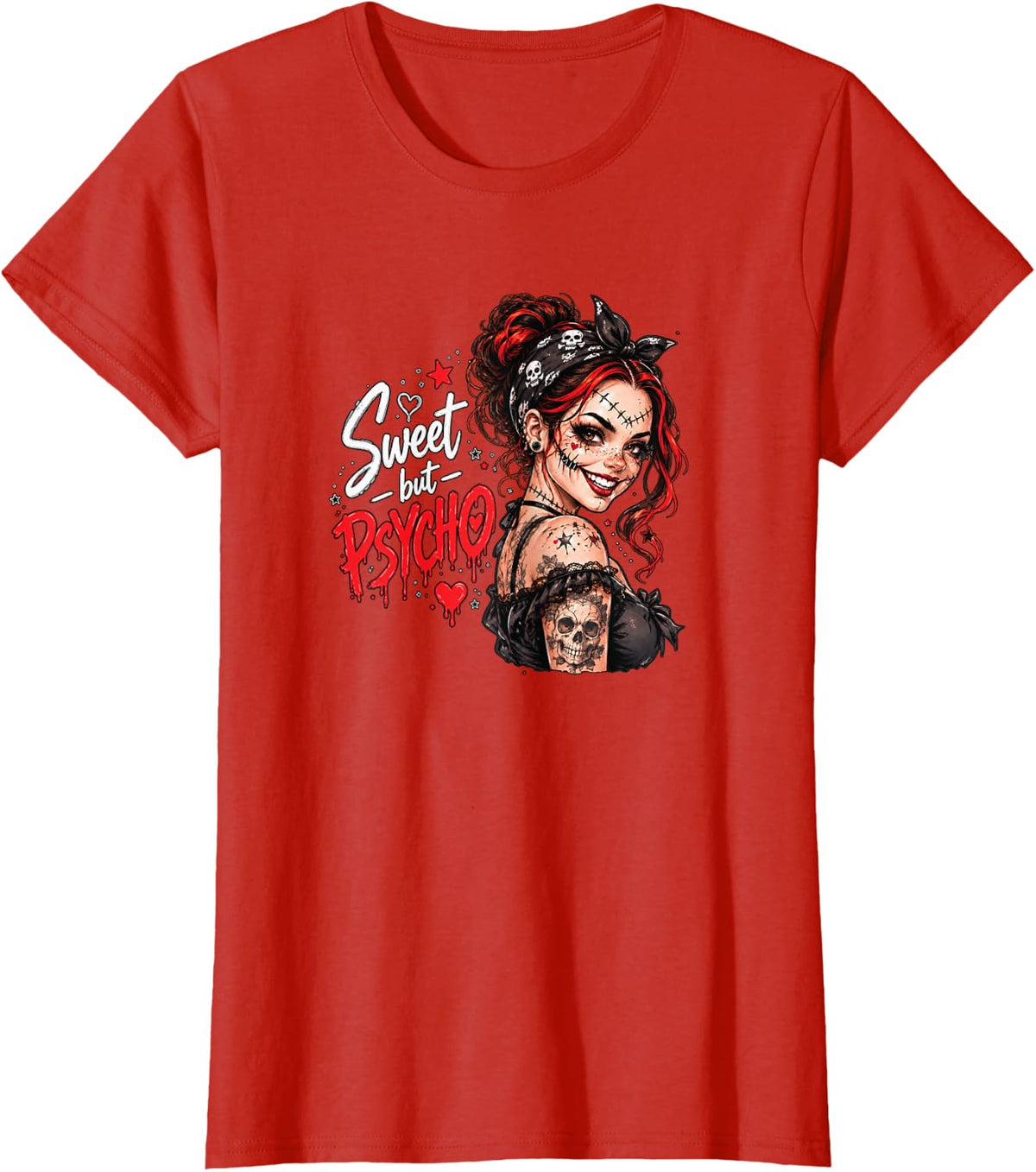 Sweet But Psycho Gothic Girl Red Black Skull Alternative Art T-Shirt - Red