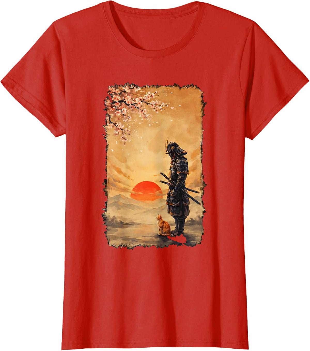 Vintage Japanese Art Samurai Warrior Orange Tabby Cat Sunset T-Shirt - Red