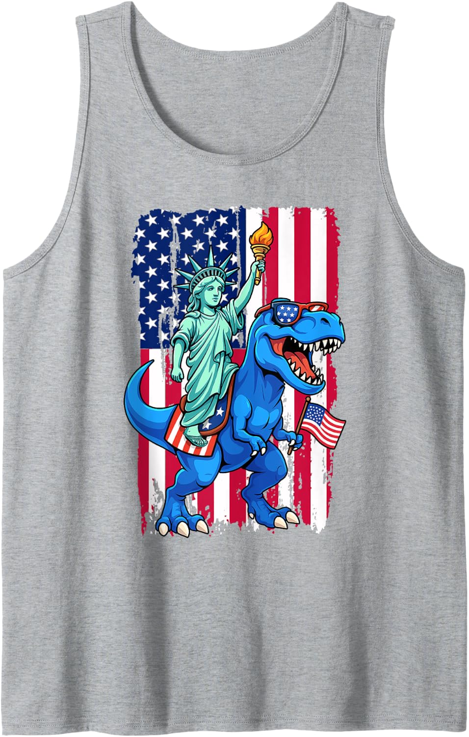 Mens 4th of July T-Rex Dinosaur Statue of Liberty American Flag Tank Top - Heather Grey