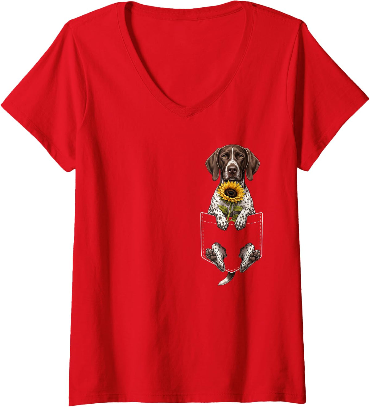 Women's German Shorthaired Pointer Sunflower Pocket Floral Dog Lover V-Neck T-Shirt - Red