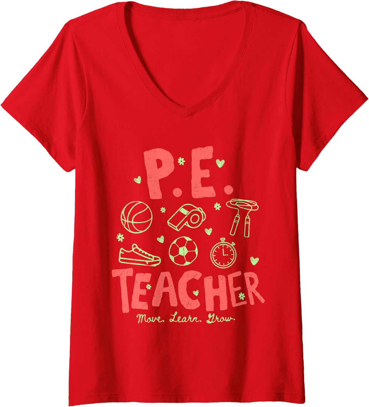 Women's P.E. Teacher Move Learn Grow Distressed Sports V-Neck T-Shirt - Red