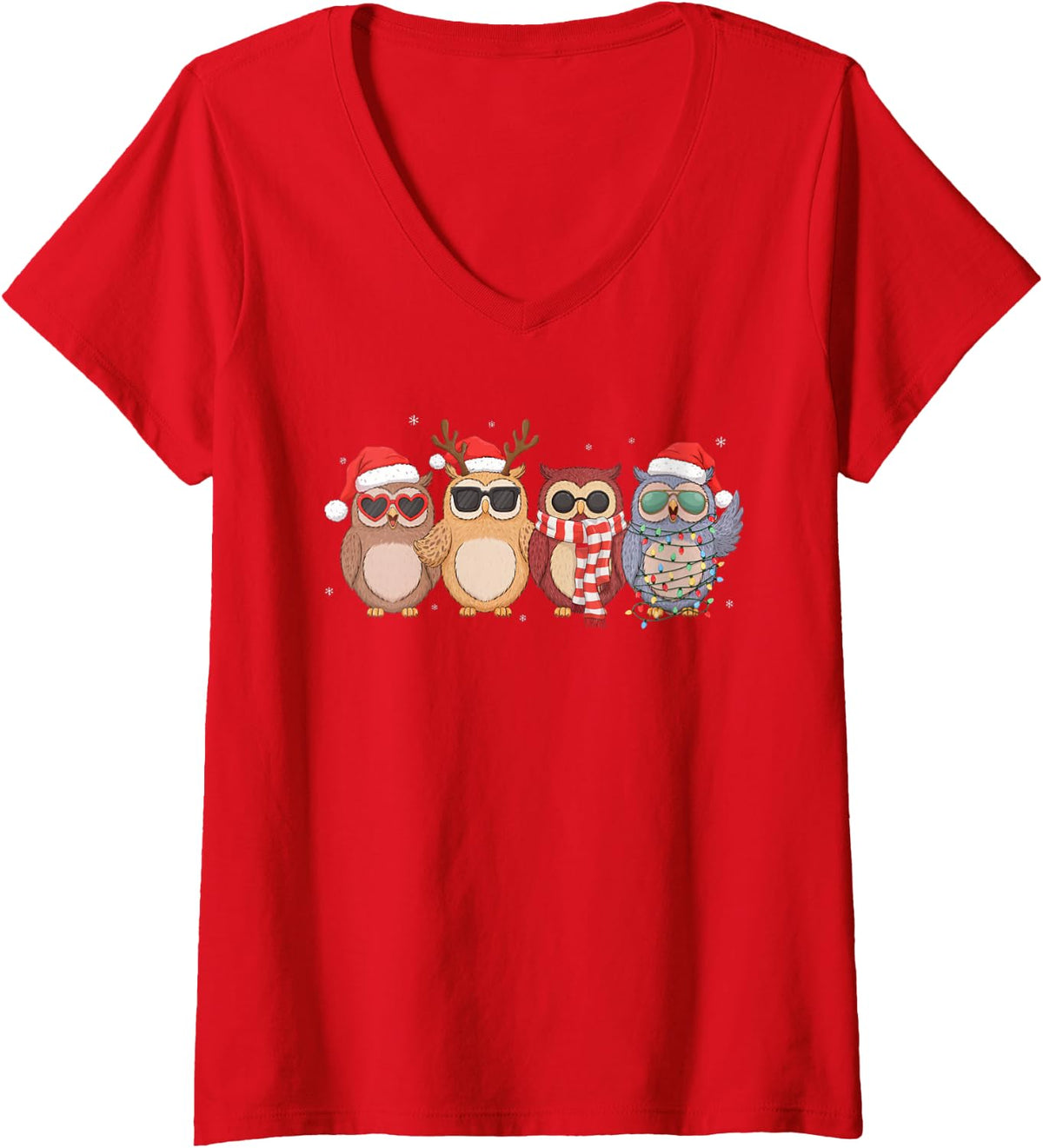 Women's Cute Owl Baby Funny Santa Hat Christmas Lights Holiday Xmas V-Neck T-Shirt - Red