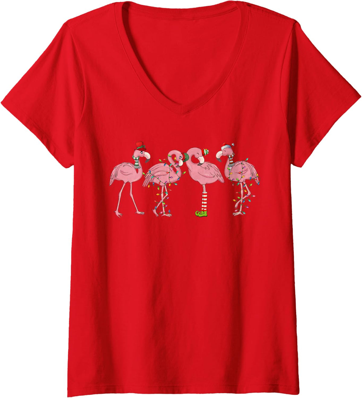 Women's Christmas Flamingo Print Flamingo Lover Christmas Light Xmas V-Neck T-Shirt - Red