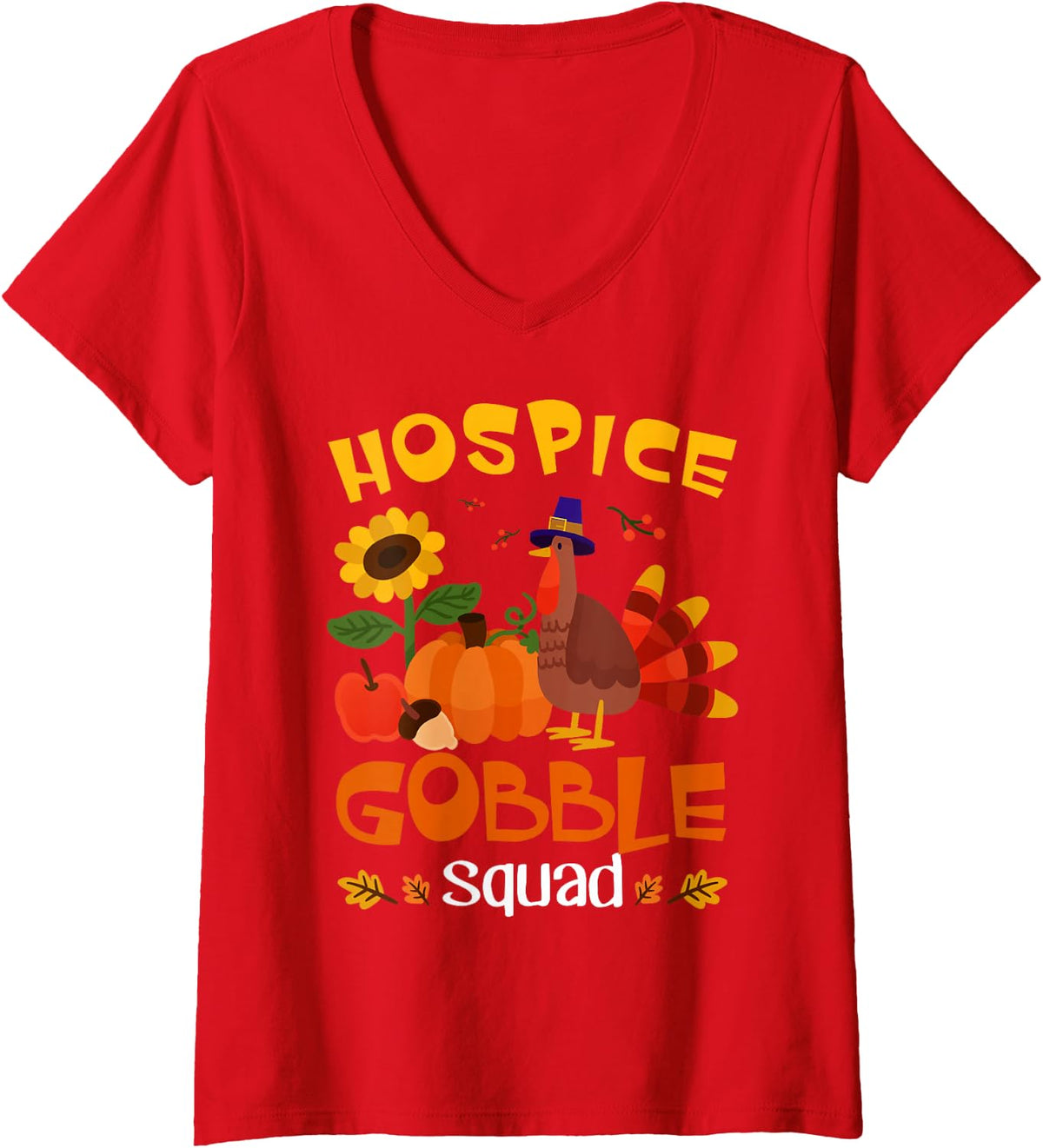Women's Hospice Gobble Squad Turkey Thanksgiving V-Neck T-Shirt - Red