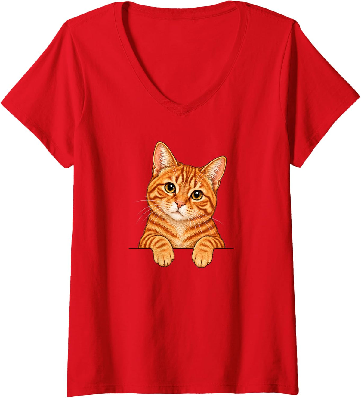 Women's Womens Girls Moms Orange Cat Energy Pocket Tabby Cat Lover V-Neck T-Shirt - Red