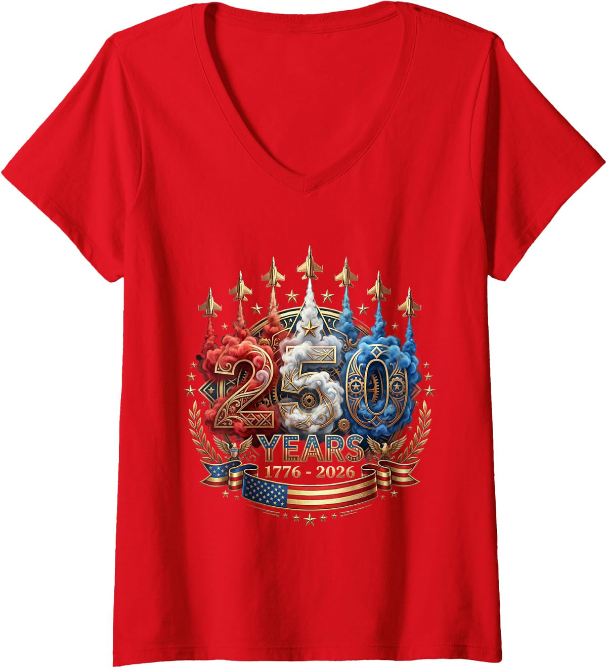 Women's 250 Years of Freedom 1776 Patriotic Independence Anniversary V-Neck T-Shirt - Red