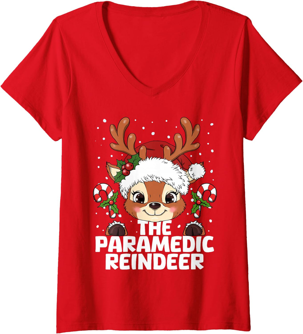 Women's Paramedic Reindeer Matching Christmas V-Neck T-Shirt - Red