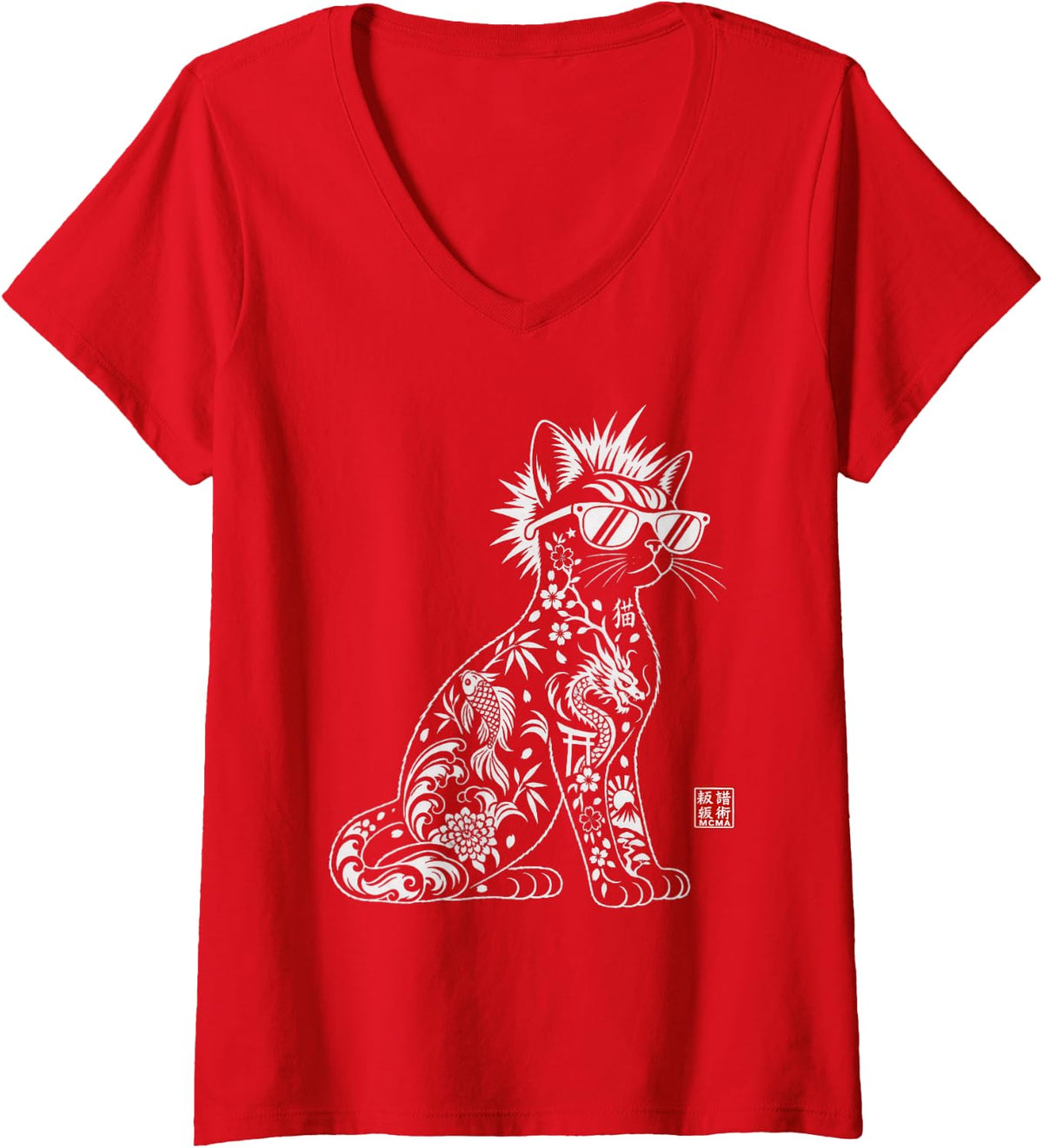Women's Japanese Inspired Tattoo Cat Mohawk Sunglasses Art V-Neck T-Shirt - Red