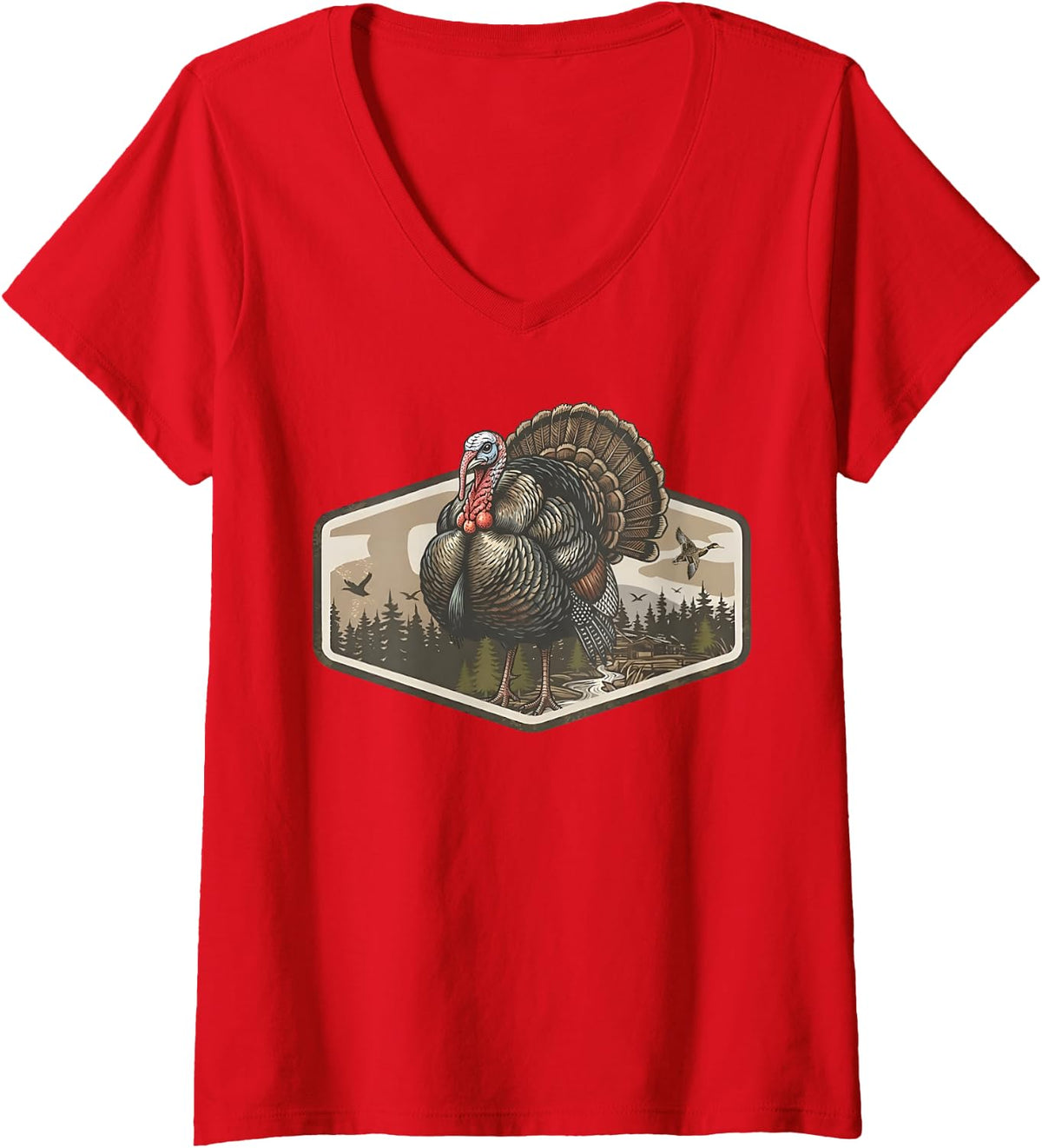Women's Camo Turkey Hunting Season Autumn Fall V-Neck T-Shirt - Red