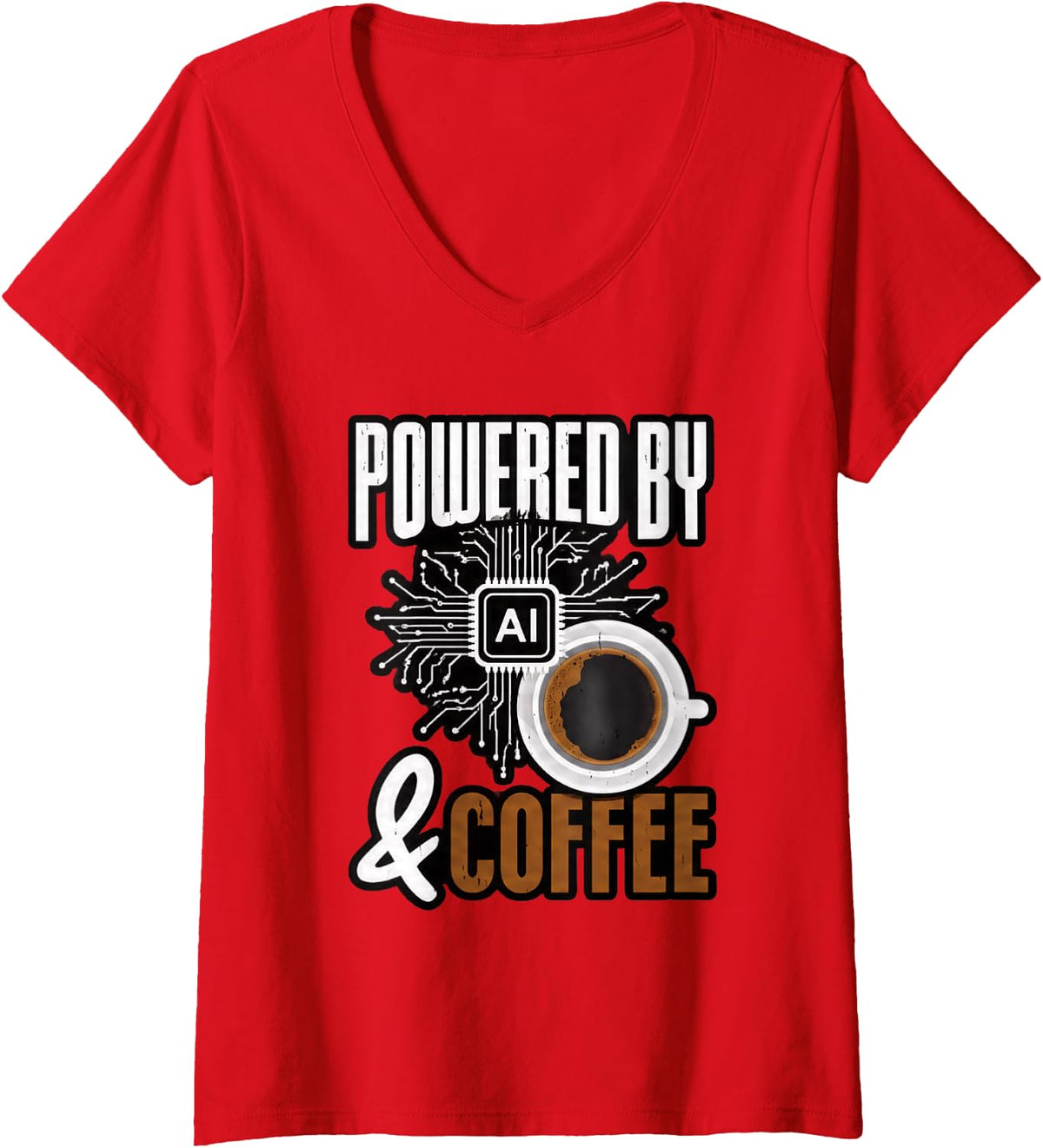 Women's Funny Artificial Intelligence Tech Powered By AI and Coffee V-Neck T-Shirt - Red