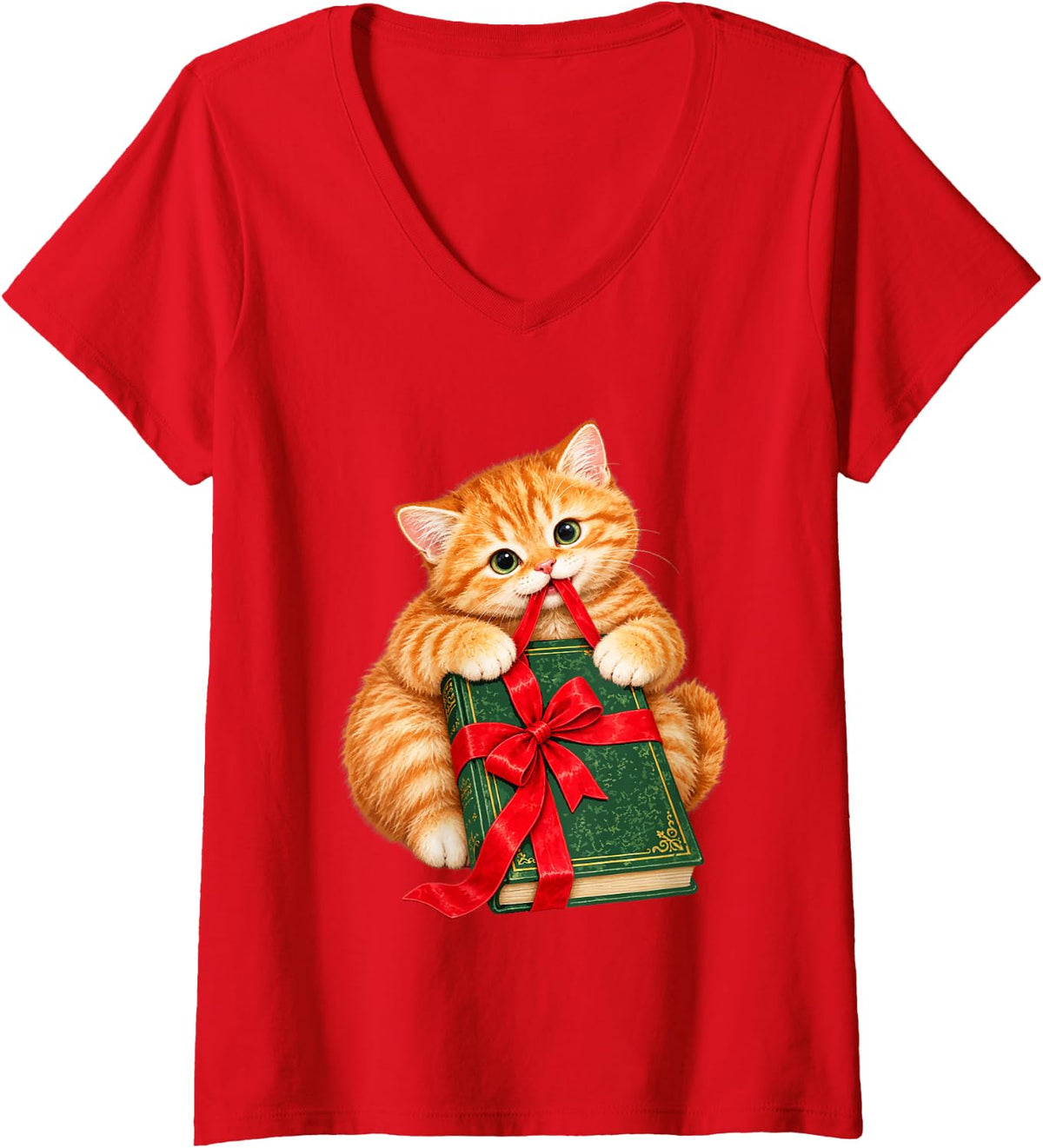 Women's Cute Christmas Orange Tabby Cat Book Lover Ginger Kitten V-Neck T-Shirt - Red