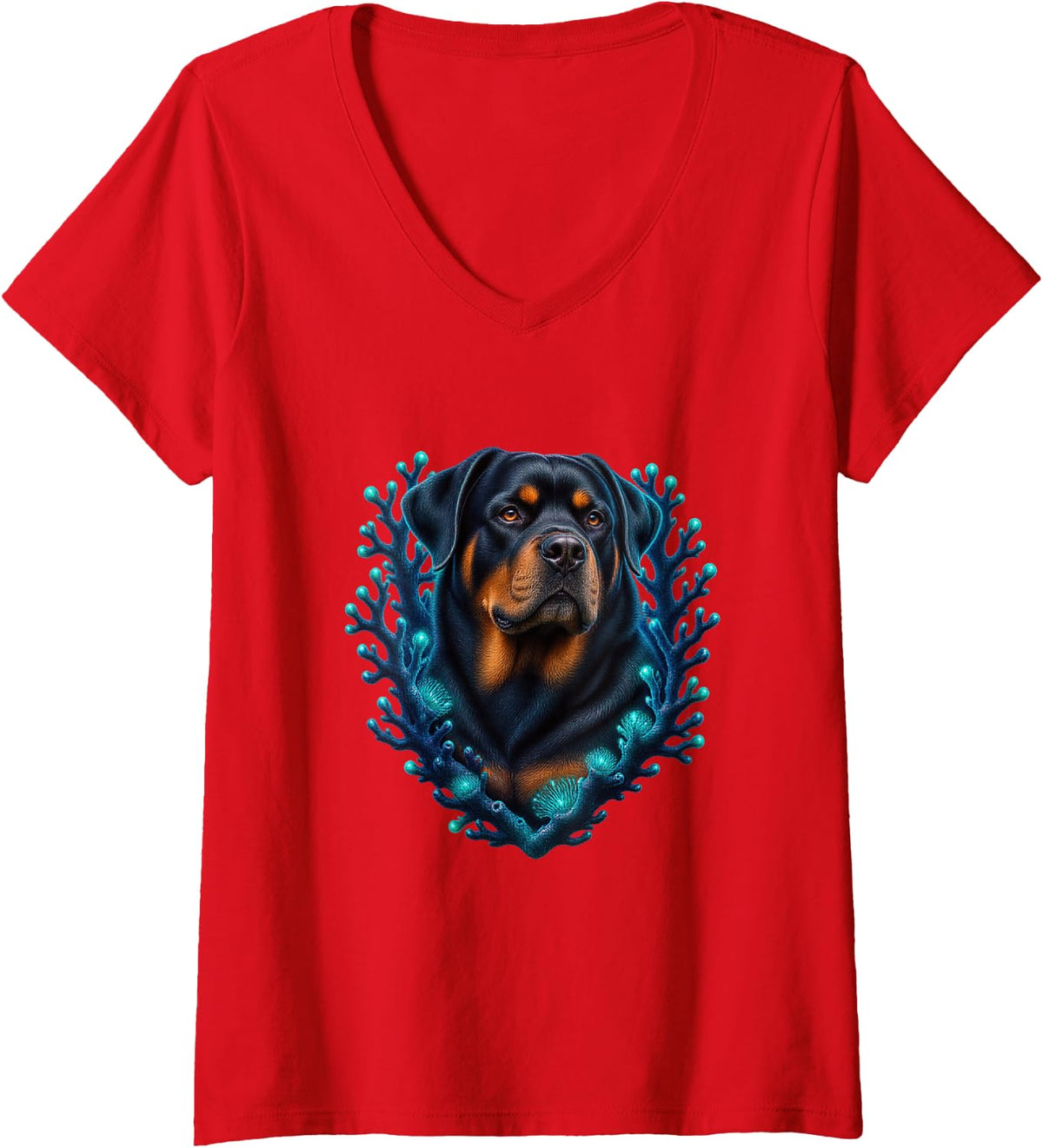 Women's Rottweiler with Teal Coral Branches V-Neck T-Shirt - Red
