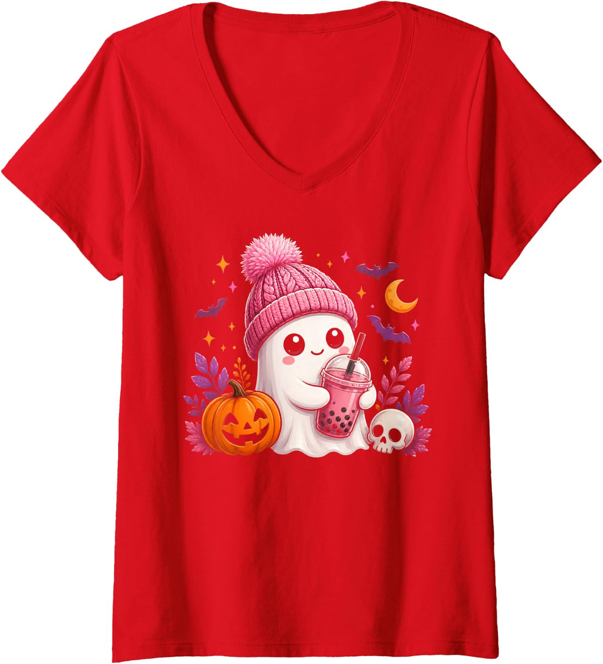 Women's Ghost Drinking Boba Tea Pumpkin Spooky Ghost Halloween V-Neck T-Shirt - Red
