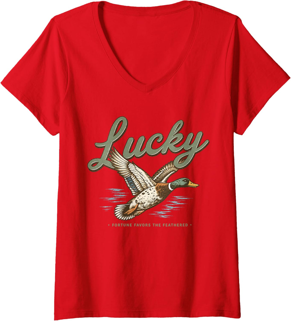 Women's Vintage Mallard Duck Lucky Fortune Favors The Feathered V-Neck T-Shirt - Red
