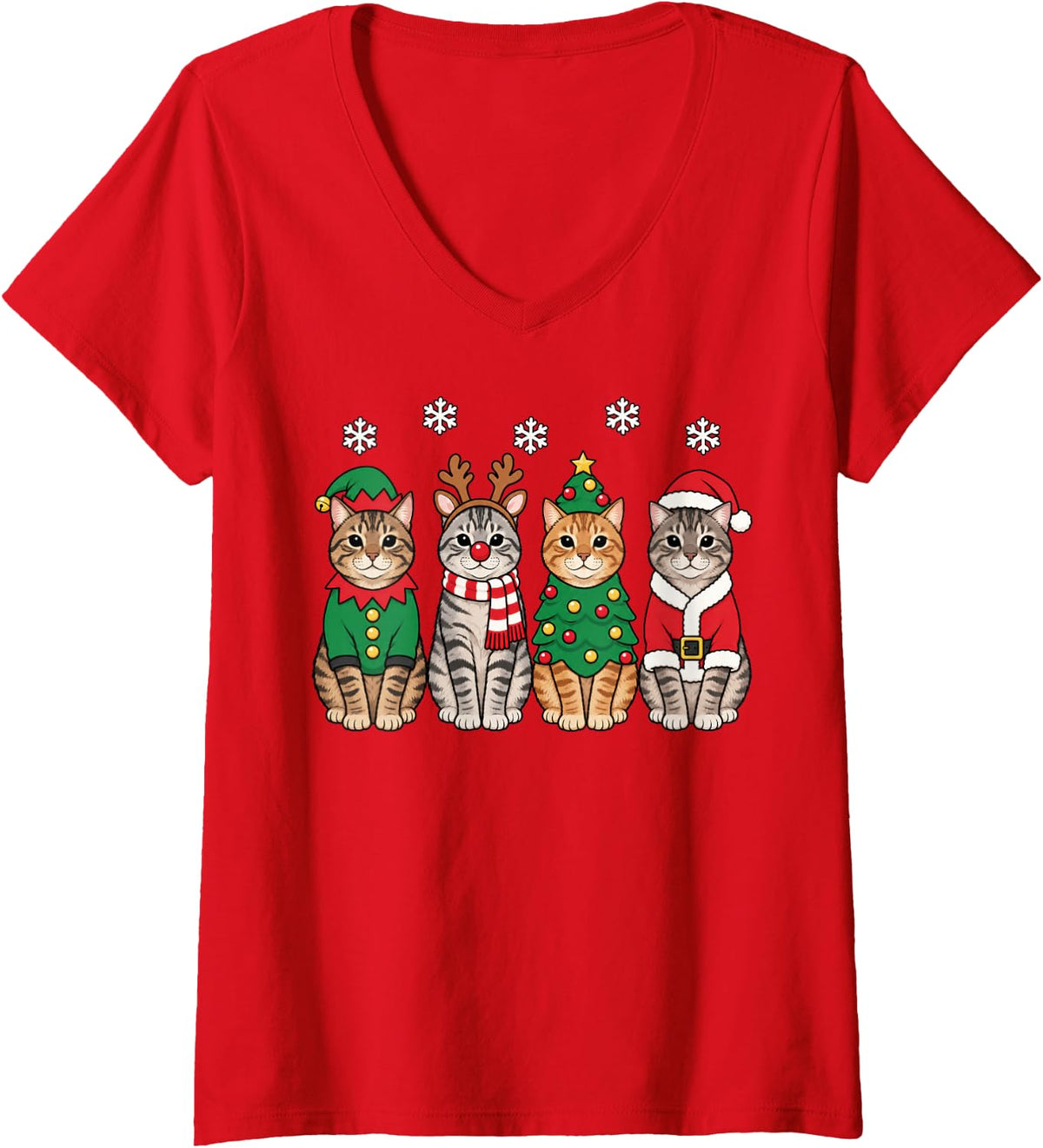 Women's Tabby Cat Christmas Reindeer Santa V-Neck T-Shirt - Red