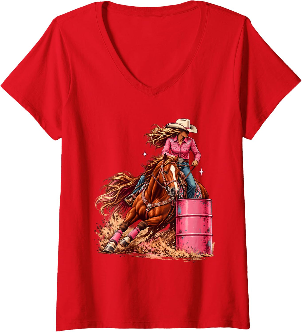 Women's Barrel Racing Cowgirl Pink Western Horse Rodeo Rider V-Neck T-Shirt - Red