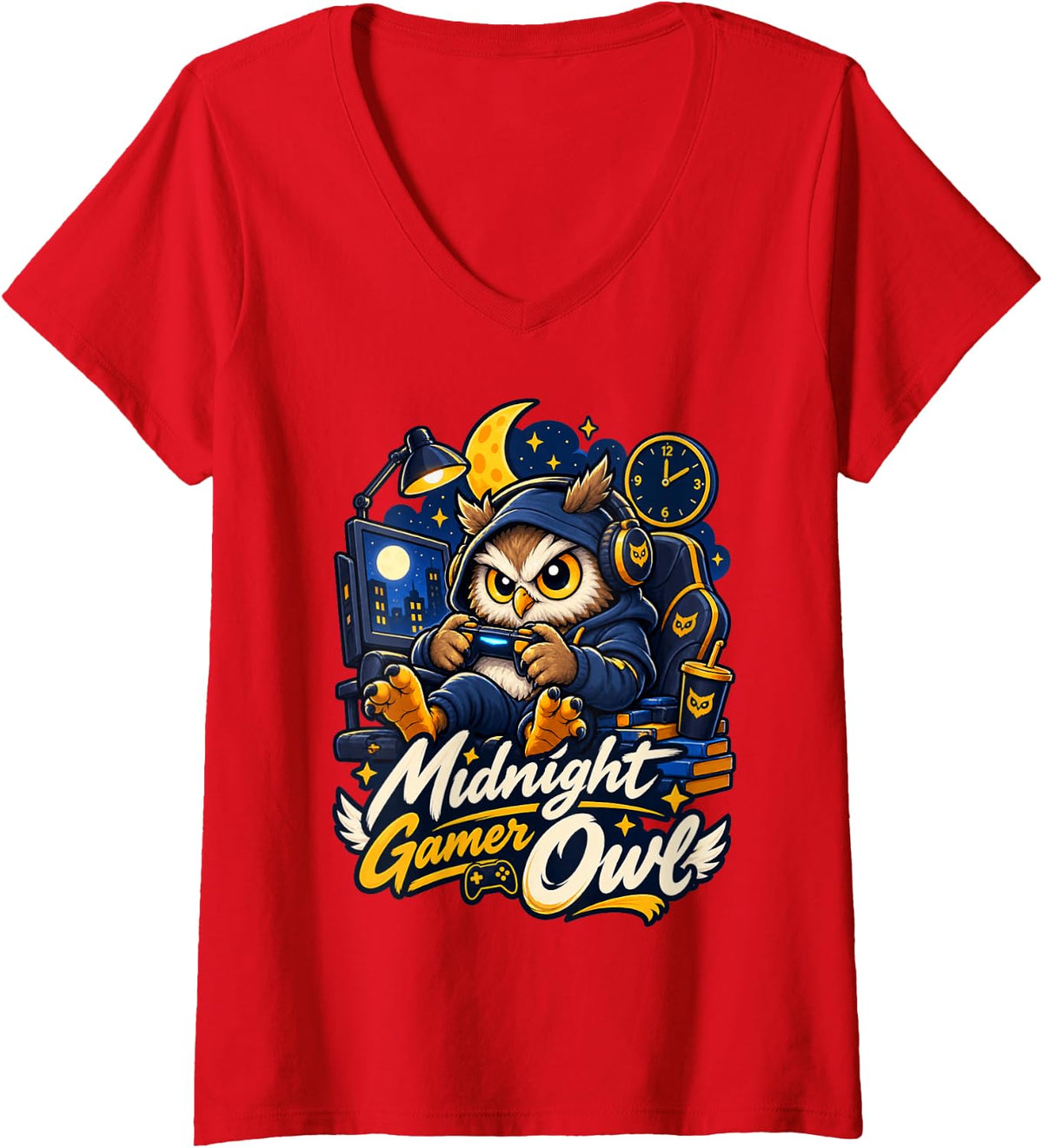 Women's Midnight Gamer Owl Video Game Lover Console Gaming Squad V-Neck T-Shirt - Red