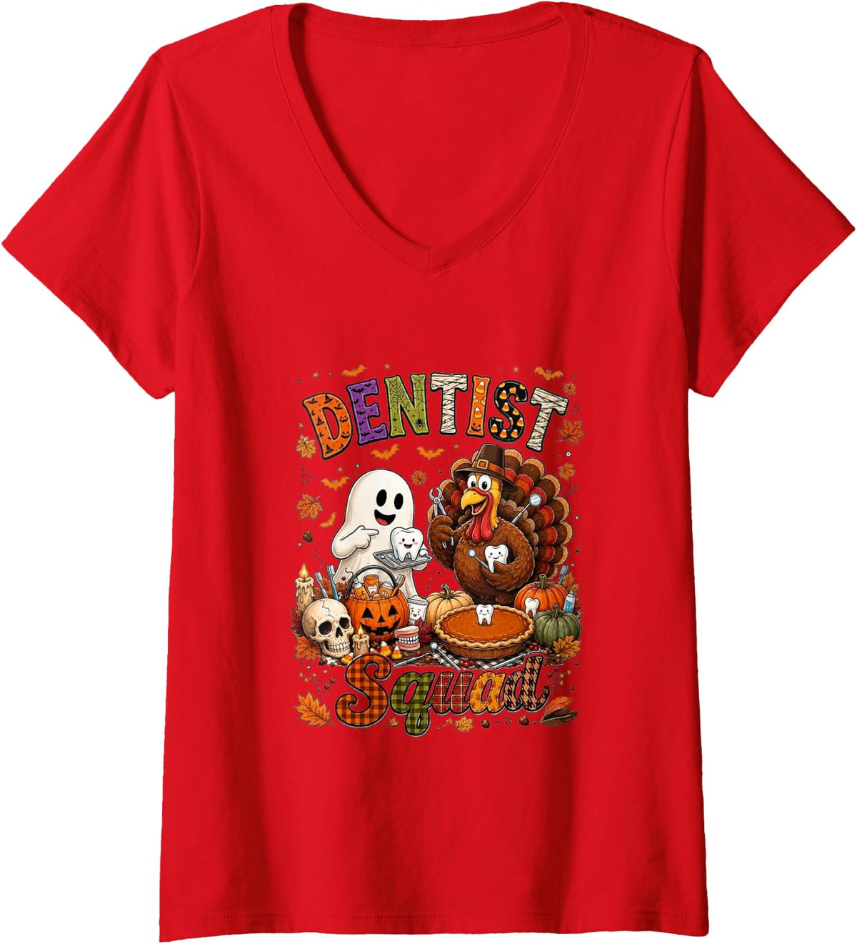 Women's Dentist Squad Funny Halloween Boo Thanksgiving Turkey V-Neck T-Shirt - Red