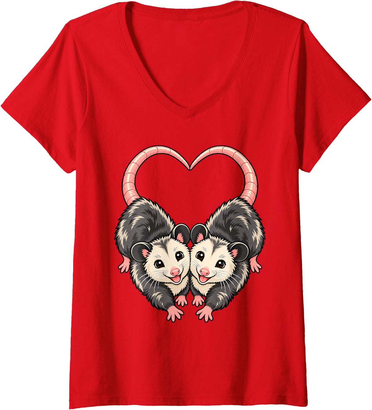 Women's Happy Opossum Couple Heart Tails Animal Love V-Neck T-Shirt - Red