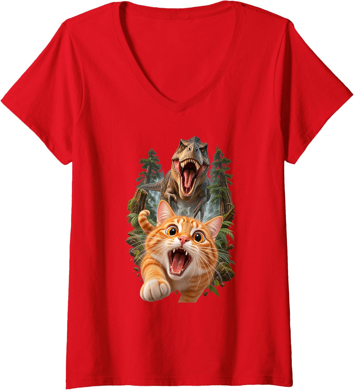 Women's Tabby Cat Chased By Tyrannosaurus Rex Dinosaur V-Neck T-Shirt - Red
