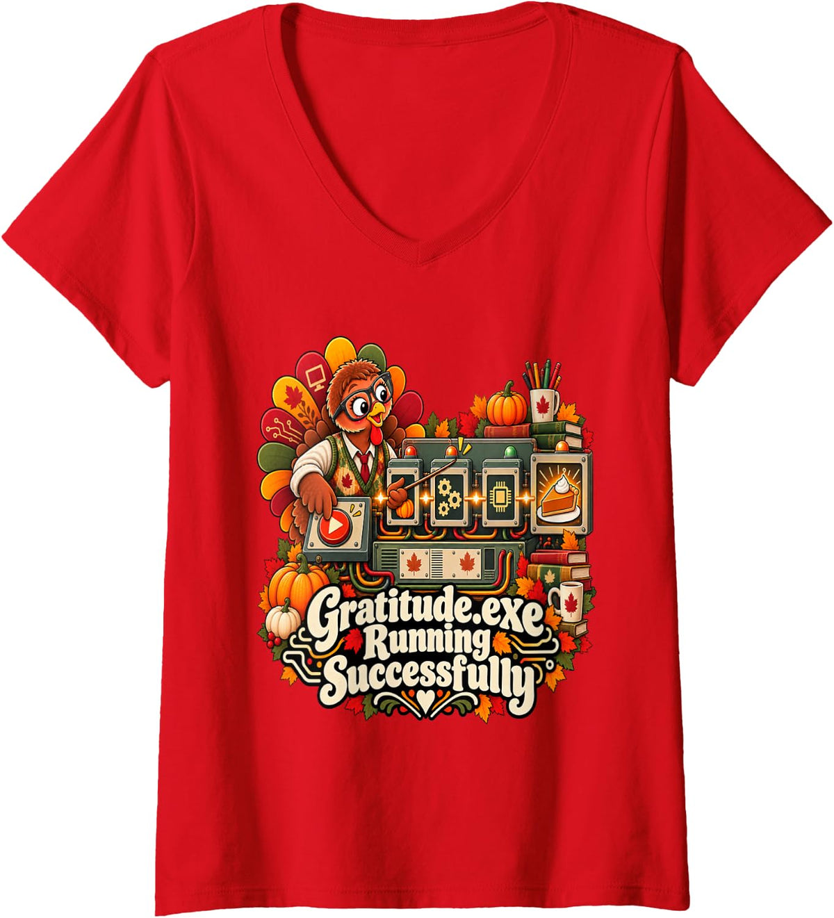 Women's Funny Computer Science Teacher Thanksgiving Coding Turkey V-Neck T-Shirt - Red