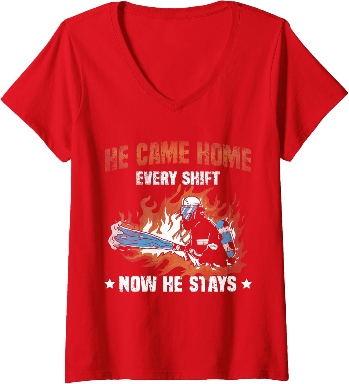 Women's He Came Home Every Shift Now He Stays Retired Firefighter V-Neck T-Shirt - Red