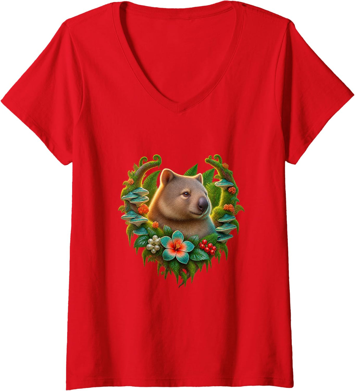 Women's Wombat Among Teal Mushrooms V-Neck T-Shirt - Red