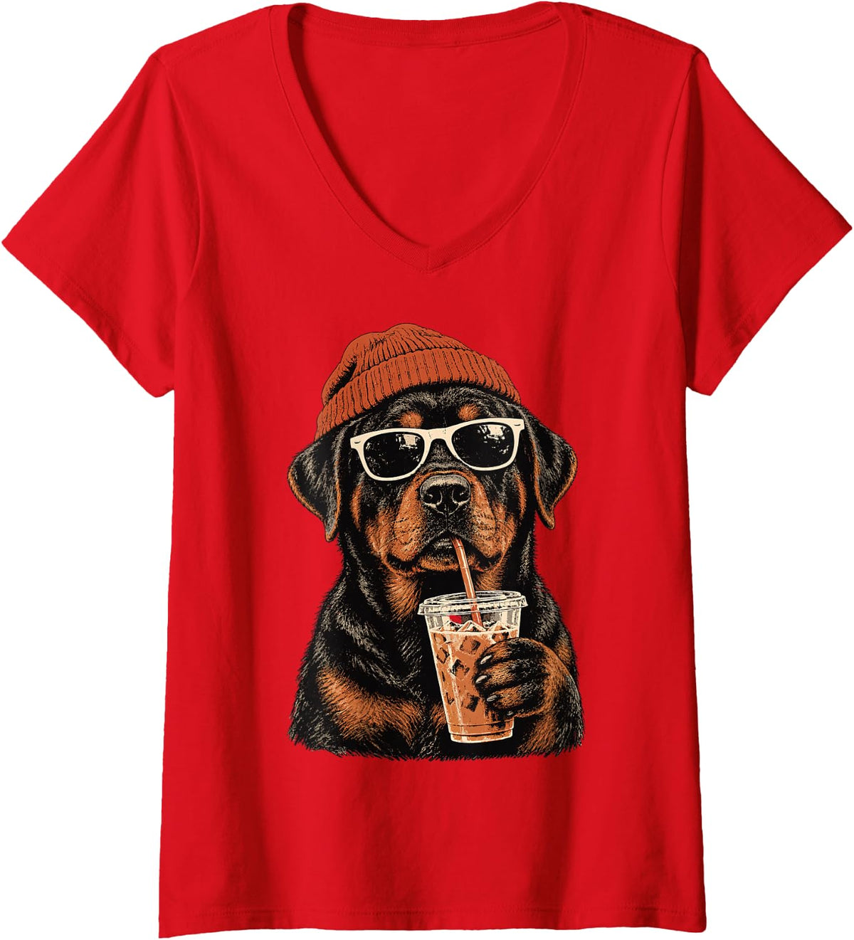 Women's Rottweiler Dog Hipster Iced Coffee Funny Rottweiler V-Neck T-Shirt - Red