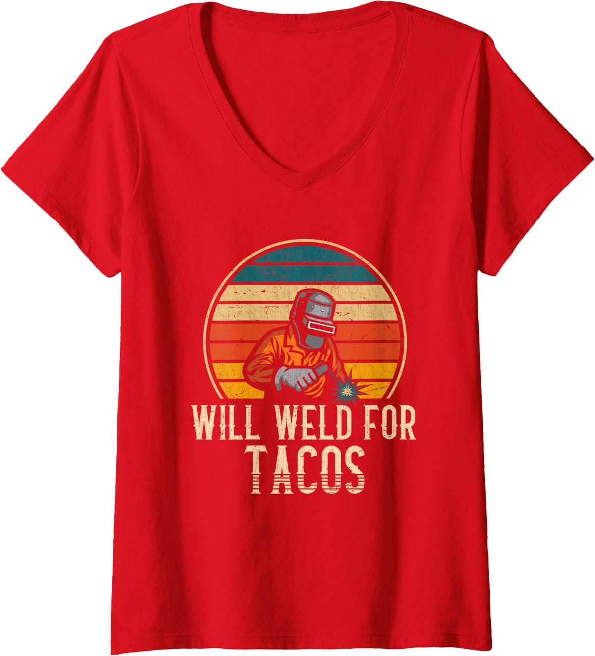 Women's Retro Welder Tacos Lover Weld Steelworker Mexican Welding V-Neck T-Shirt - Red