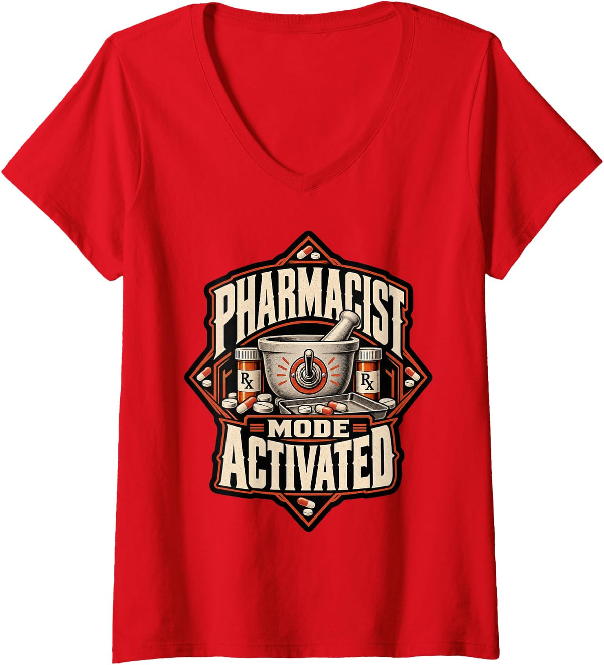 Women's Rx Professional Pharmacist Mode Activated Art Design Gift V-Neck T-Shirt - Red
