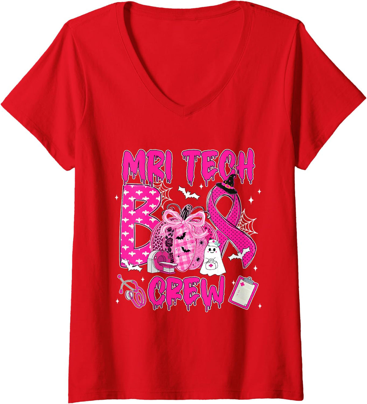 Women's MRI Tech Boo Crew Breast Cancer Awareness V-Neck T-Shirt - Red